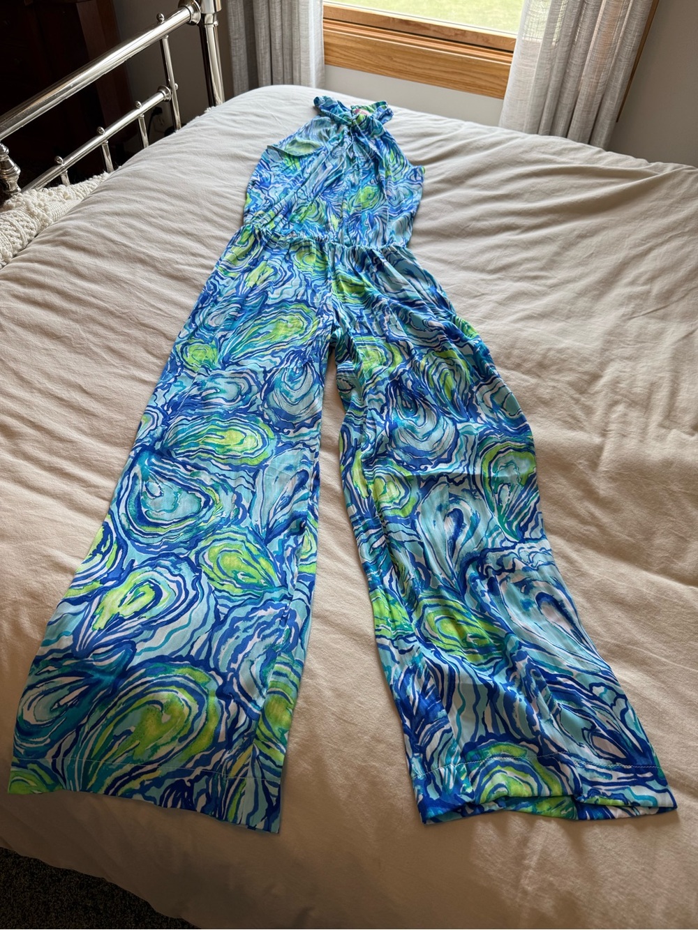 Lilly Pulitzer Blue, Green & White Swirl Halter Jumpsuit